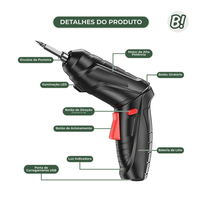 FixTool 360 – Parafusadeira Elétrica Compacta com Kit 47 Peças