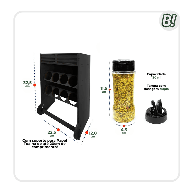 Porta-Temperos – Nicho Organizador com Suporte e Dosadores Inteligentes