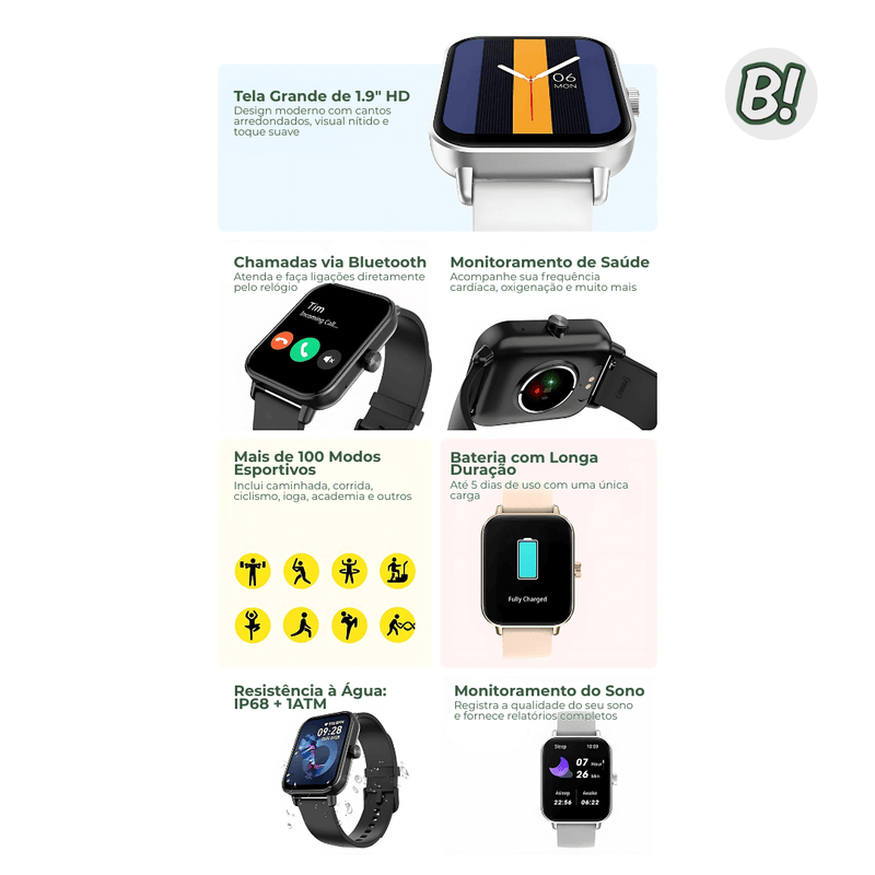 Colmi P81 – Smartwatch Quadrado Com Chamadas Por Voz e Tela Ultra 1.9”